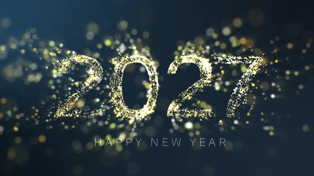 Luxurious 2027 Happy New Year typography made of gold sparkling dust and bokeh lights.