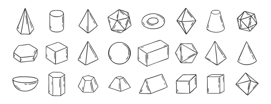 Three dimensional Hand Drawn Sketch Geometry Shapes. Doodle outline 3d geometry shapes. 