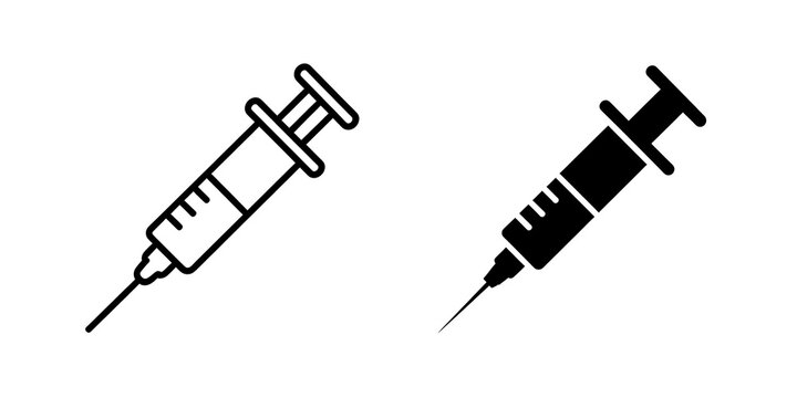 Vector syringe icon set. Medical injection symbol. Vaccination graphic. Line art and solid style. Hospital health sign.
