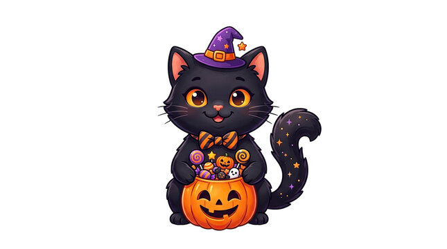 Adorable pixel art black cat wearing a witch hat with a jack o' lantern bucket perfect for halloween isolated on transparent background