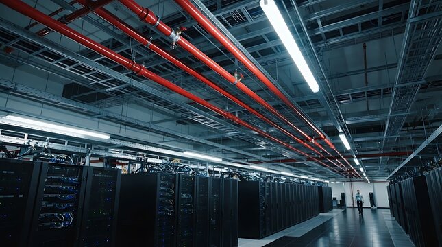 Modern data center ceiling with red fiber optic cables and LED lighting infrastructure