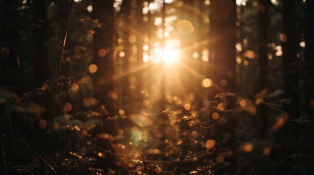 Golden sunlight rays piercing through dark forest trees with dramatic backlight and misty atmosphere