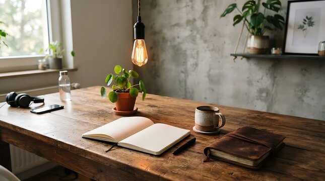 Modern home office desk setup with laptop, notebook, and minimalist decor on wooden table