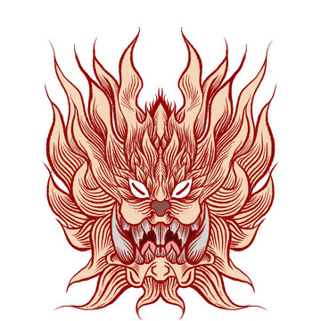 Japanese Mythological Flame Lion Dragon Mask, Traditional Japanese Style Fiery Monster Face Tattoo Design, Mythical Creature Beast Mask