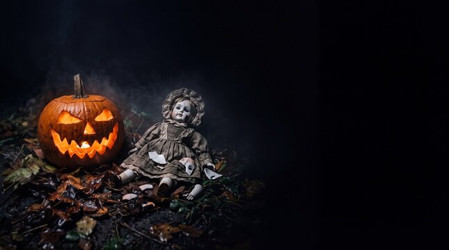 Spooky porcelain doll lays broken next to a glowing jack o lantern pumpkin amidst fallen autumn leaves in dark smoky night background