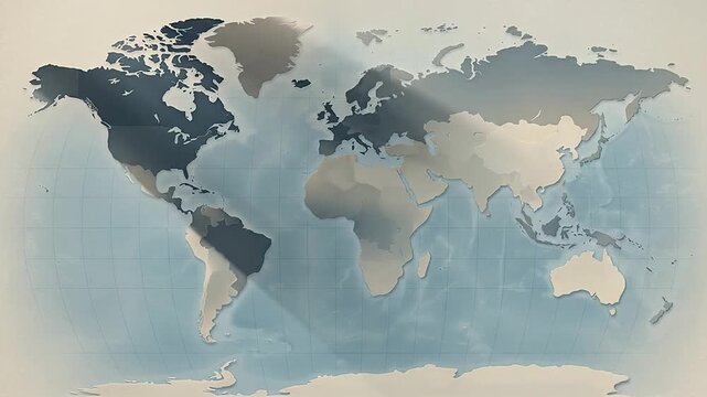 Animated world map graphic with moving shadows and geopolitical borders across continents