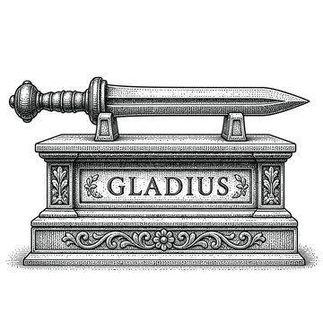 Vintage engraving of a Roman gladius sword resting on an ornate decorative pedestal.