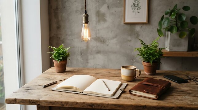 Minimalist wooden desk setup with open notebook, coffee cup, and warm lighting for creative workspace