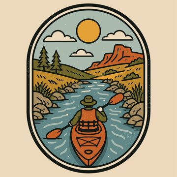 Vintage style illustration of a person kayaking down a river with mountains and sun in the background.
