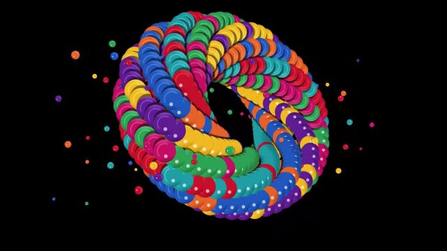 Colorful Knotted Rope Design with Vibrant Hues and Scattered Dots Against a Dark Background. Abstract Looped Cord Illustration.