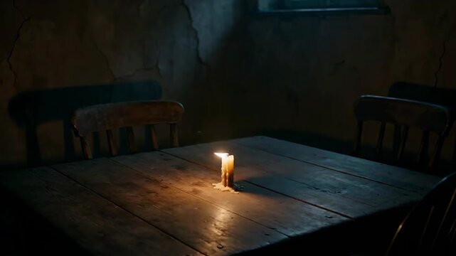 Single lit candle on a rustic wooden table in a dark spooky room, flickering and extinguishing with trailing smoke.