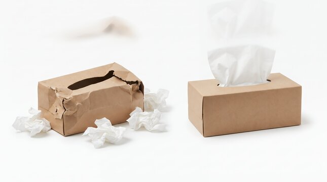 Comparison of a crushed empty tissue box and a new full tissue box isolated on white background