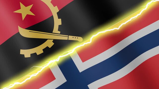 Two waving flags Angola and Norway with diagonal lightning seamless, 4k loop