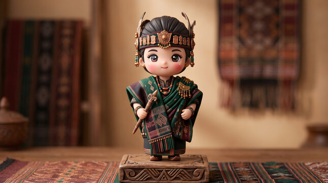 Traditional Chibi Girl in Elegant Burgundy Embroidered Dress Ulos