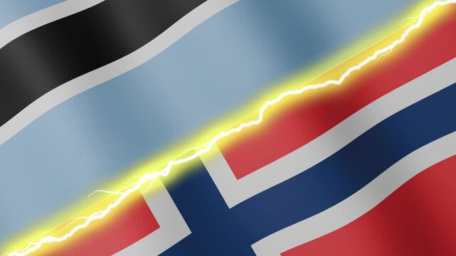 Two waving flags Botswana and Norway with diagonal lightning seamless, 4k loop