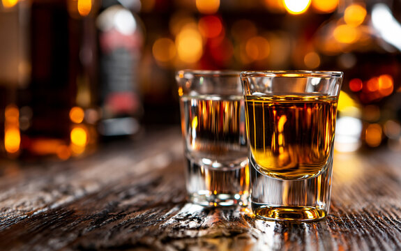 Alcohol consumption and social drinking, shot glasses with clear and amber liquor on a dark wooden bar counter