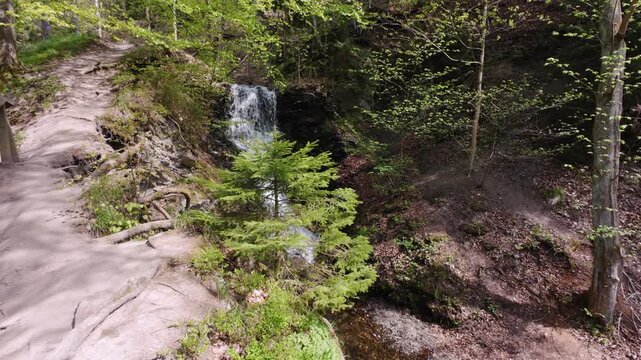 Autumn forest waterfall cascading over mossy rocks beside fallen leaves and bare trees in temperate woodland with soft silky water and lush green textures, with waterfall, forest, autumn, moss detail