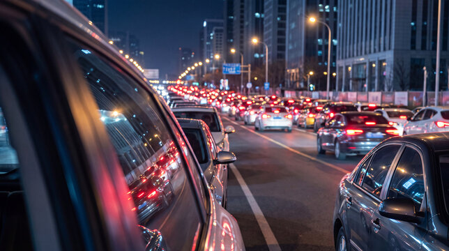 Heavy road traffic with cars stuck in a dense urban traffic jam. Concept of congestion, rush hour, commuting delays and transportation problems in a modern city.
