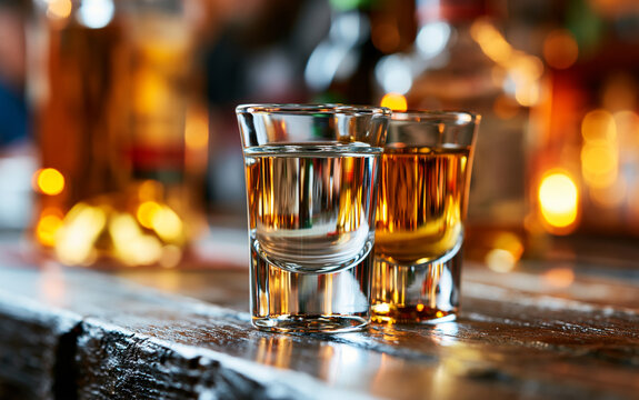 Alcohol consumption and social drinking, shot glasses with clear and amber liquor on a dark wooden bar counter