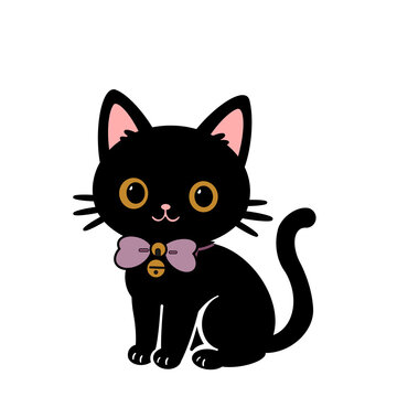 首輪とリボンを付けた愛らしい黒猫のお座りイラスト素材（カラー）
