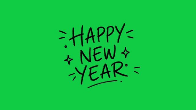 "Happy New Year" handwritten animation with sparkle effects and decorative flourishes on a green background; a festive greeting for New Year's celebrations, social media, invitations, and motion graph