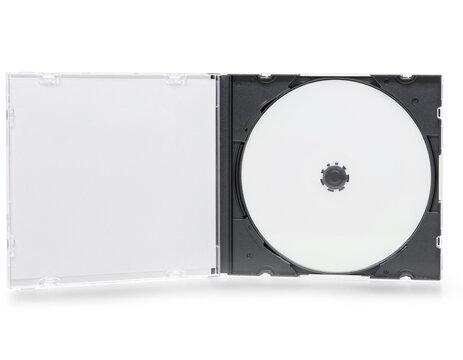 Photorealistic blank CD disc inside a premium jewel case cover with transparent plastic storage container, isolated on a clean white background, suitable for music, media, software product branding