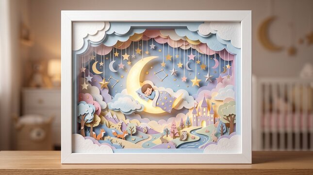 3D layered paper cut diorama of a pastel dreamscape with moon and clouds