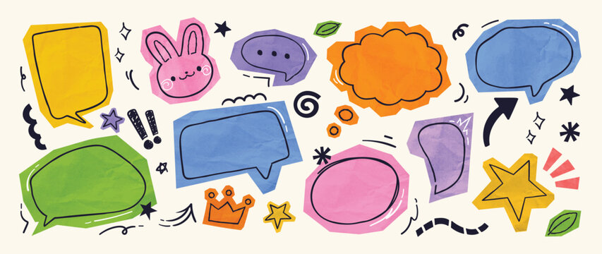 Y2K scrapbook speech bubble elements set. Vector colorful hand drawn doodle chat balloons, retro comic labels, stickers and abstract shapes for social media and graphic design