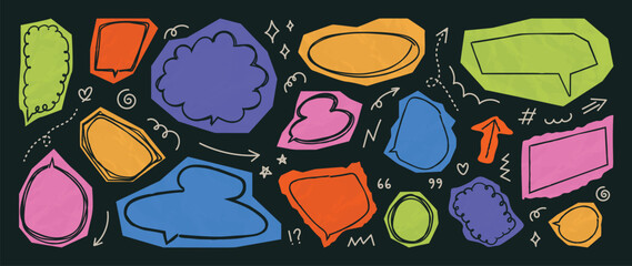 Fototapeta na wymiar Y2K scrapbook speech bubble elements set. Vector colorful hand drawn doodle chat balloons, retro comic labels, stickers and abstract shapes for social media and graphic design