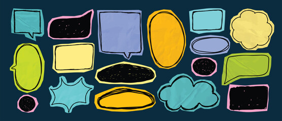 Fototapeta na wymiar Y2K scrapbook speech bubble elements set. Vector colorful hand drawn doodle chat balloons, retro comic labels, stickers and abstract shapes for social media and graphic design
