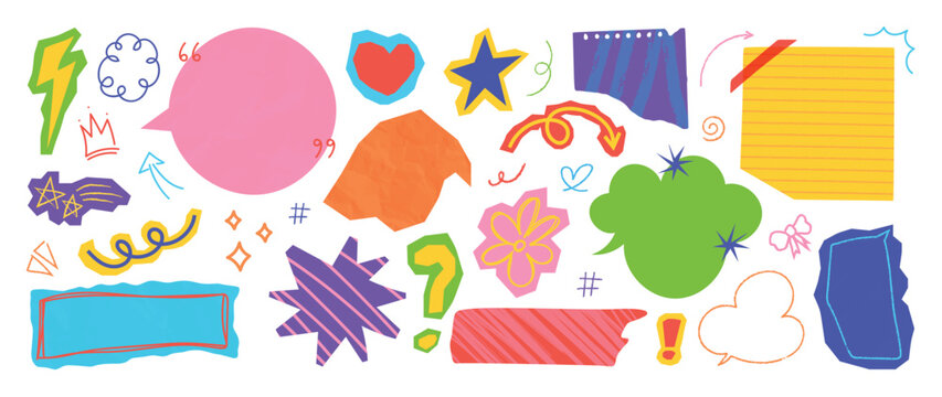 Y2K scrapbook speech bubble elements set. Vector colorful hand drawn doodle chat balloons, retro comic labels, stickers and abstract shapes for social media and graphic design