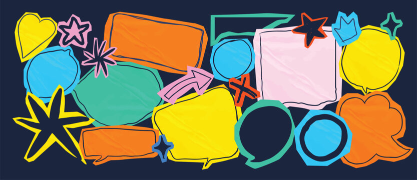 Y2K scrapbook speech bubble elements set. Vector colorful hand drawn doodle chat balloons, retro comic labels, stickers and abstract shapes for social media and graphic design