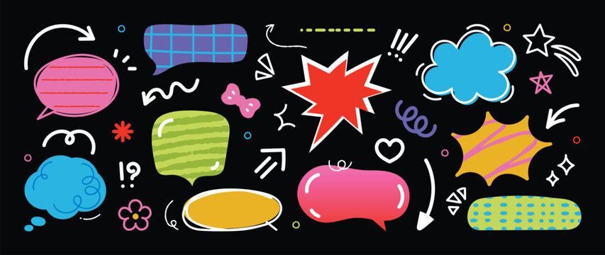 Y2K scrapbook speech bubble elements set. Vector colorful hand drawn doodle chat balloons, retro comic labels, stickers and abstract shapes for social media and graphic design