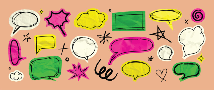 Y2K scrapbook speech bubble elements set. Vector colorful hand drawn doodle chat balloons, retro comic labels, stickers and abstract shapes for social media and graphic design