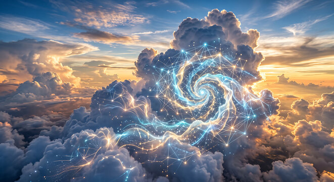Digital illustration of AI cloud computing network concept with glowing spiral neural nodes over dramatic sunset sky and clouds