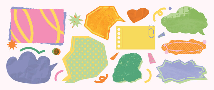 Y2K scrapbook speech bubble elements set. Vector colorful hand drawn doodle chat balloons, retro comic labels, stickers and abstract shapes for social media and graphic design