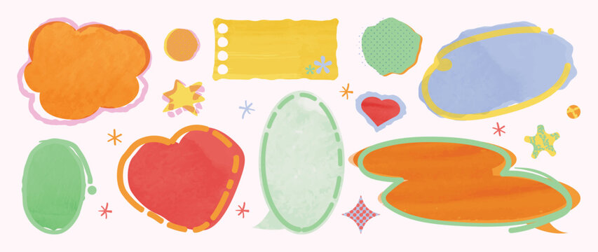 Y2K scrapbook speech bubble elements set. Vector colorful hand drawn doodle chat balloons, retro comic labels, stickers and abstract shapes for social media and graphic design