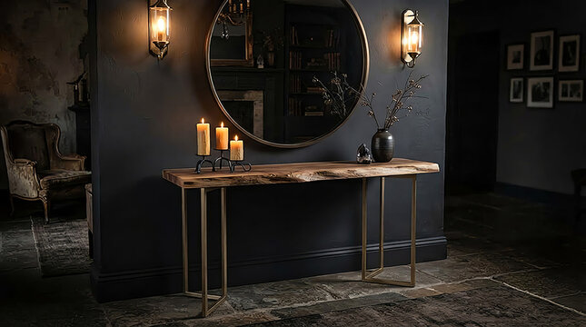Dark Luxury Interior with Wooden Console Table, Candles and Round Mirror