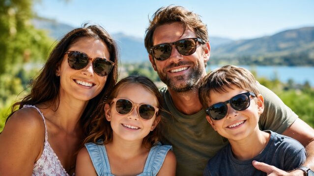 Smiling family of four wearing sunglasses outdoors by a lake on a sunny day