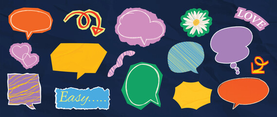 Obraz na płótnie Canvas Y2K scrapbook speech bubble elements set. Vector colorful hand drawn doodle chat balloons, retro comic labels, stickers and abstract shapes for social media and graphic design