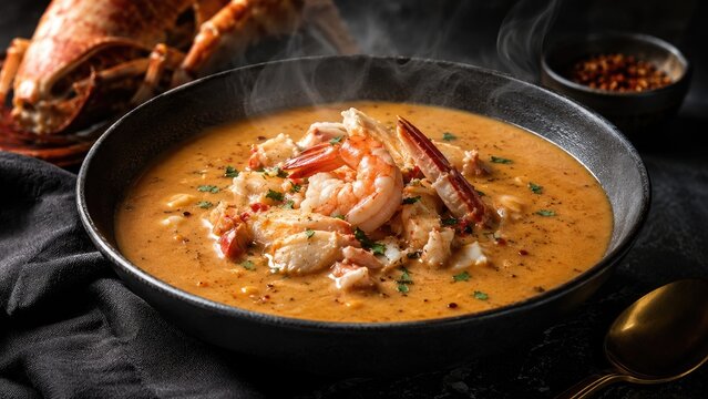 Creamy lobster bisque topped with crab meat and shrimp, garnished with herbs and cracked pepper, served steaming in a black bowl