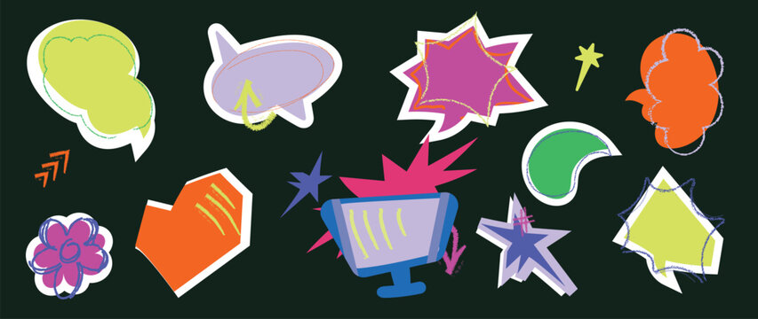 Y2K scrapbook speech bubble elements set. Vector colorful hand drawn doodle chat balloons, retro comic labels, stickers and abstract shapes for social media and graphic design