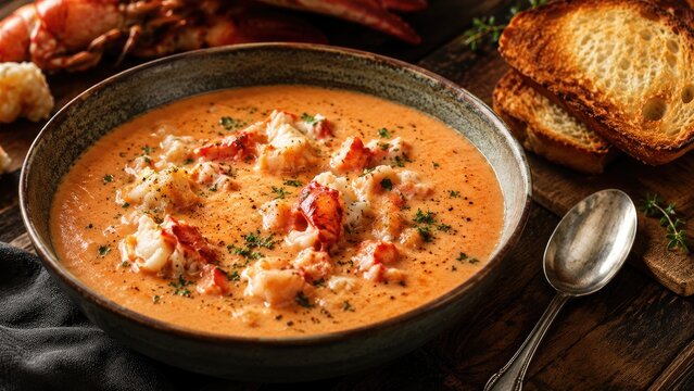 Creamy lobster bisque with chunks of lobster, herbs and toasted bread on a rustic wooden table