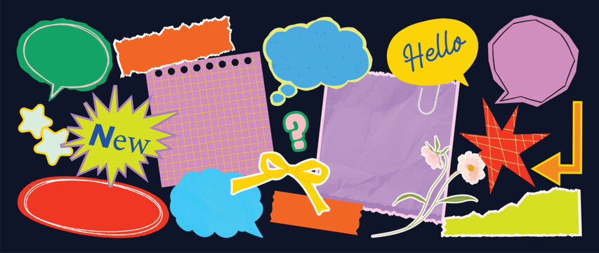 Y2K scrapbook speech bubble elements set. Vector colorful hand drawn doodle chat balloons, retro comic labels, stickers and abstract shapes for social media and graphic design