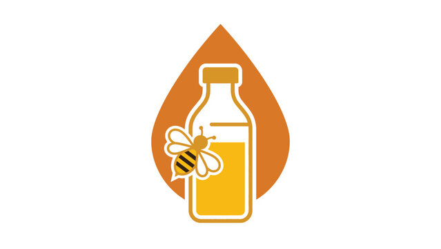 Honey Drink Logo featuring a bee, glass bottle, and honey drop silhouette. Vector design template for organic beverage and honeybee branding.
