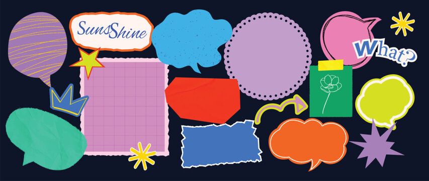 Y2K scrapbook speech bubble elements set. Vector colorful hand drawn doodle chat balloons, retro comic labels, stickers and abstract shapes for social media and graphic design