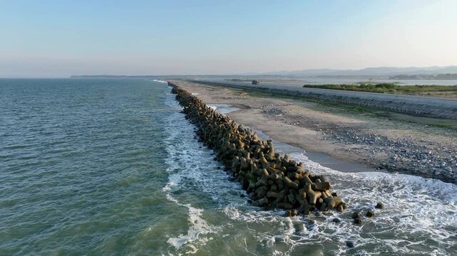 35-Second Aerial View of Rocky Shore at Ozu Coast, Fukushima, Japan - Spring
