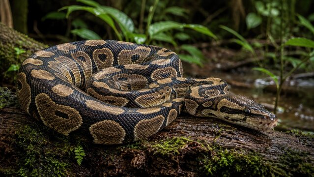 Coiled ball python with brown patterned scales resting on a mossy log in a tropical rainforest