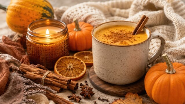 Cozy autumn still life with a mug of pumpkin spice latte topped with cinnamon, surrounded by mini pumpkins, dried orange slices, spices, a lit candle and a knit blanket