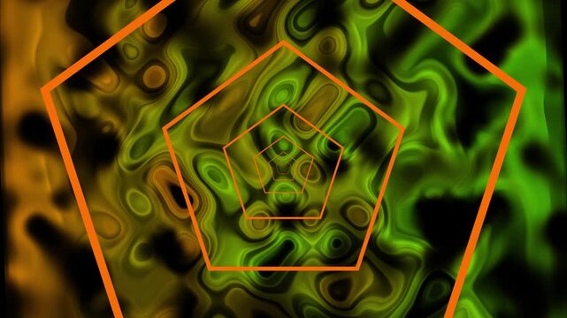 Abstract geometric pattern with swirling colors and pentagon shapes in motion